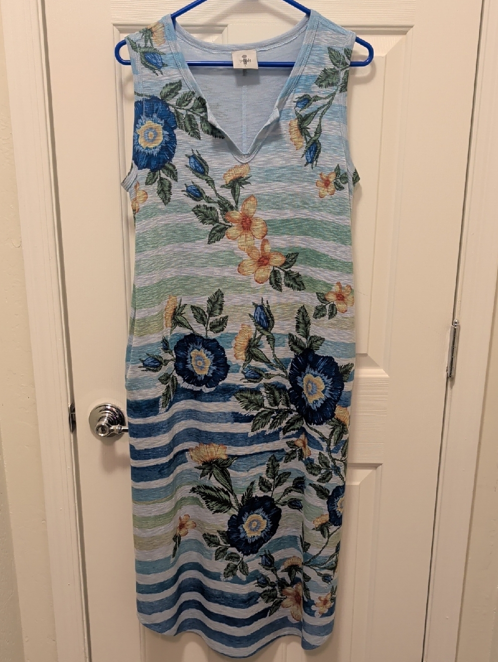 Sleeveless Light Blue Floral Stripe Midi Dress by